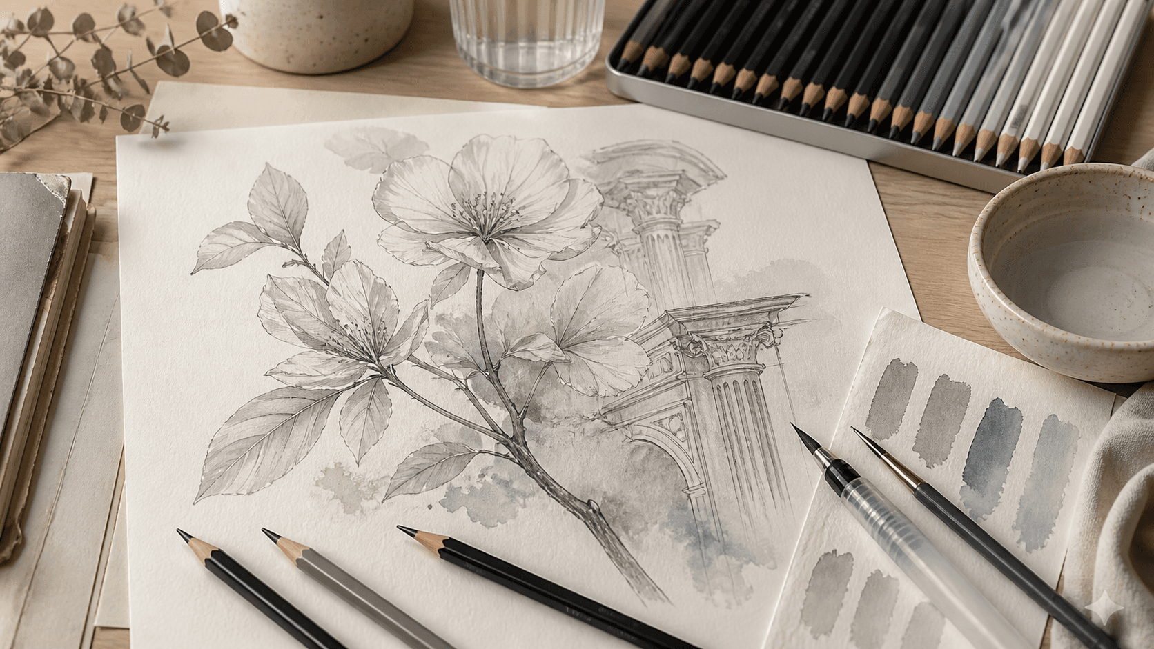 Disegno monocromo su carta con matite acquerellabili, pennello ad acqua e strumenti da illustrazione