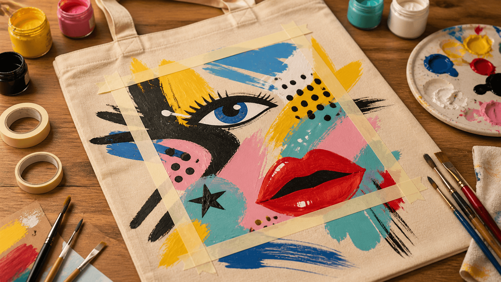 Composizione creativa con colori acrilici, nastro e pittura pop che supera i bordi del supporto