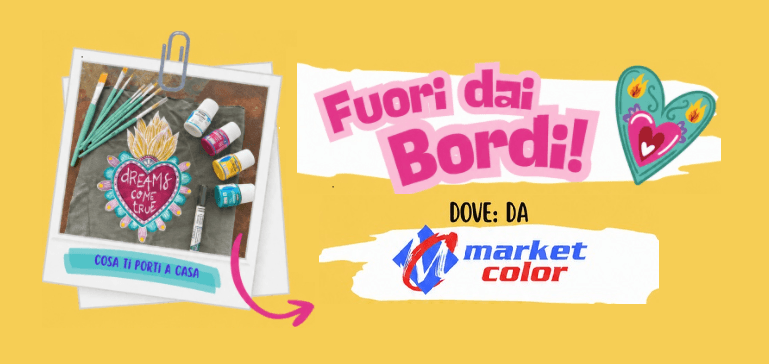 Cover pop gialla con borsa in tessuto dipinta, pennelli e colori acrilici