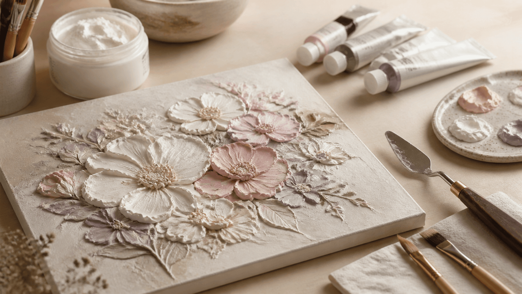 Fiori in rilievo realizzati con malte acriliche, spatole e materiali per pittura materica